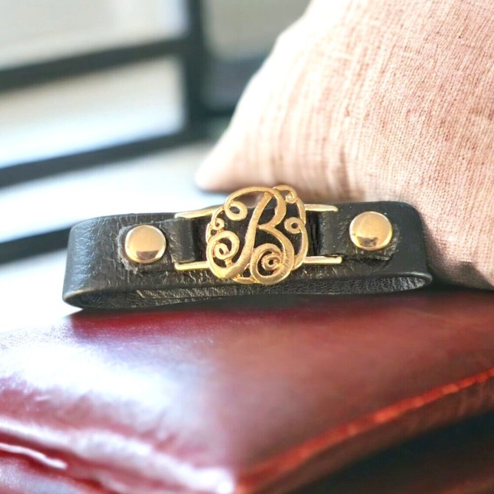 Black Leather Snap Bracelet with Gold Fancy Letter B Initial Bracelet Size 7-8